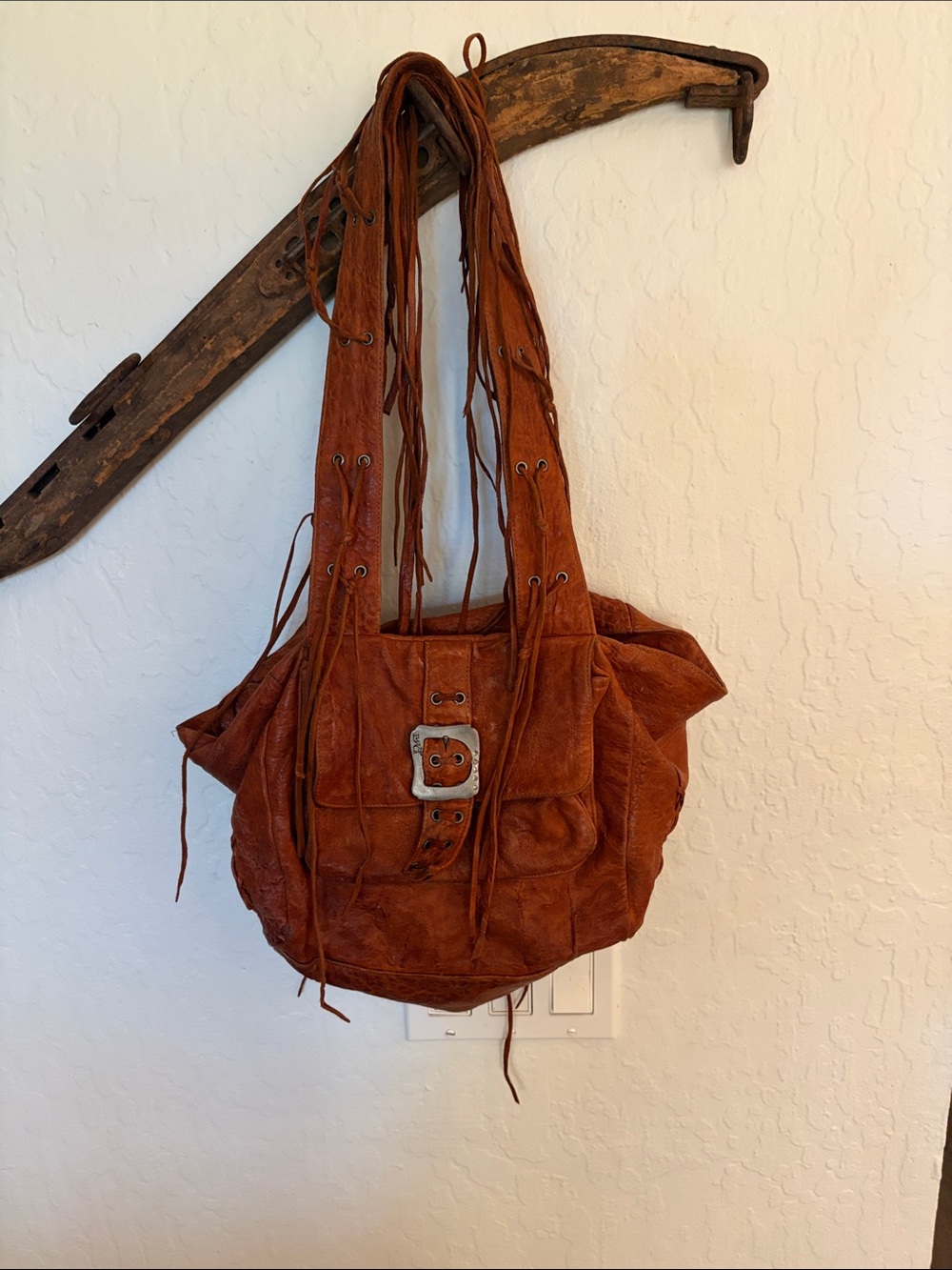 Vintage  Fringe Boho Chic  Suede Shoulder Bag in Burnt Orange/ Soft Leather